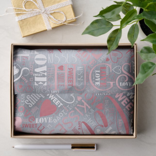 Papier Mousseline Hugs and Kisses Word Cloud Pink/Silver ID286 (Cadeau)