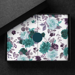 Papier Mousseline Humeur Bohème Motif de rose sarcelle et aubergin