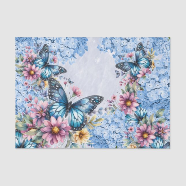 Papier Mousseline Hydrangea Bleu Aquarelle & Papillons (Recto)