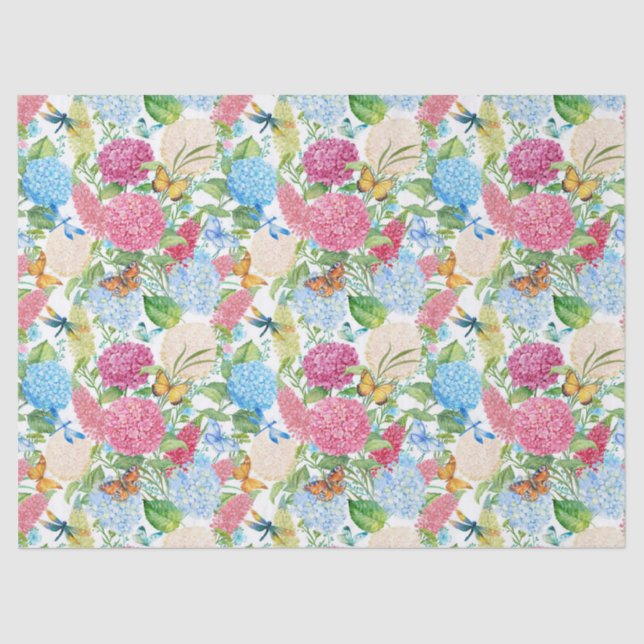 Papier Mousseline Hydrangées et papillons Mariage carrelé de libellu (Recto)