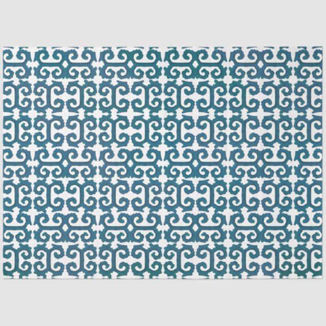 Papier Mousseline IKAT Motif tribal Turquoise bleu grec clé découpag (Recto)