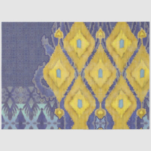 Papier Mousseline IKAT Ouzbékistan Antique Tribal Bleu Jaune Motif