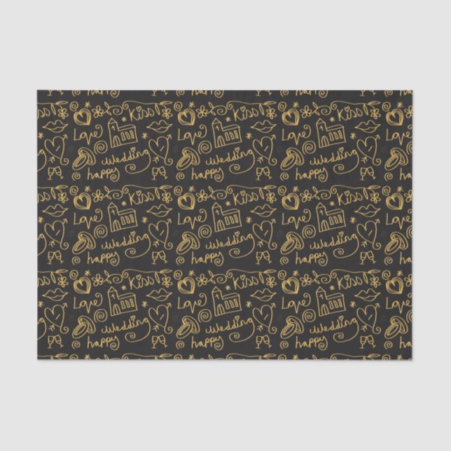 Papier Mousseline Illustrated Gold and Black Wedding Doodles (Recto)