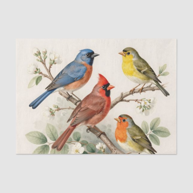 Papier Mousseline Illustration de branche fleurie avec oiseaux chant (Recto)