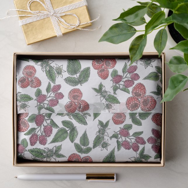 Papier Mousseline Illustration de feuilles de framboise (Cadeau)
