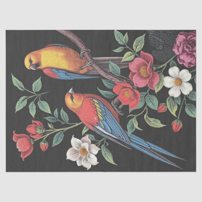 Papier Mousseline Illustration de fleurs et d'oiseaux (Recto)