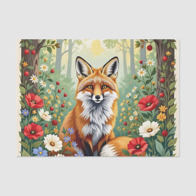 Papier Mousseline Illustration de renard dans une forêt de fleurs sa (Recto)