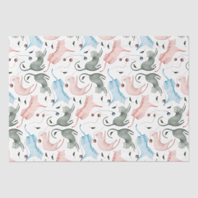 Papier Mousseline Illustration des mignons chats et fils pastel aqua (Recto)