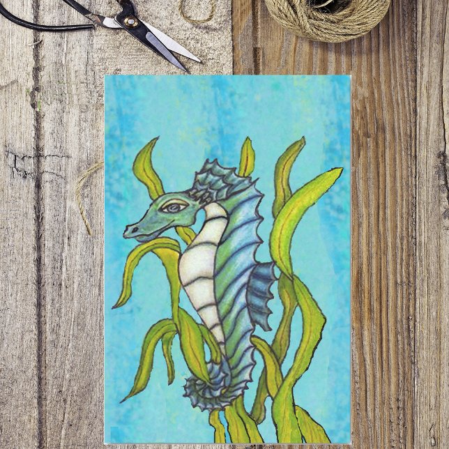 Papier Mousseline Imaginaire Blue Sea Dragon Seahorse Seaweed (Fantasy seahorse in aqua blue, green and white in seaweed on water blue tissue paper.)