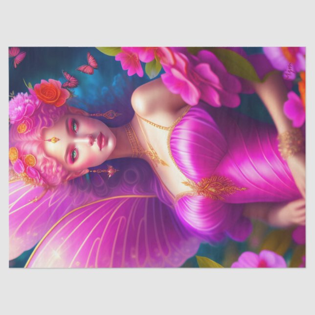 Papier Mousseline Imaginaire Fuchsia Fairy papillons Decoupage (Recto)