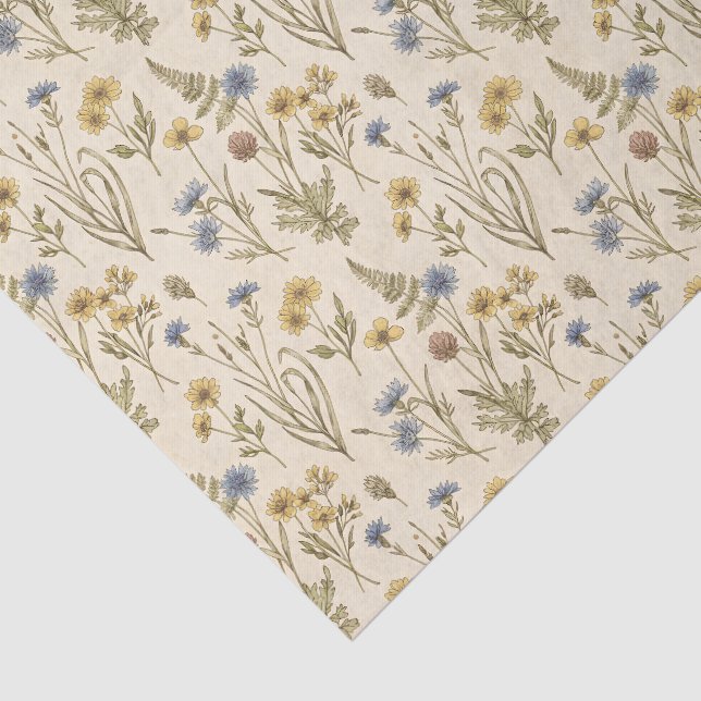 Papier Mousseline Impression botanique de Meadowcore Fleurs Bleues J (Détail)