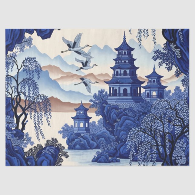 Papier Mousseline Impression de découpage de chinoiserie bleue de st (Recto)