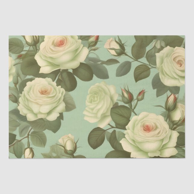 Papier Mousseline Impression de fleurs italiennes vertes et blanches (Recto)