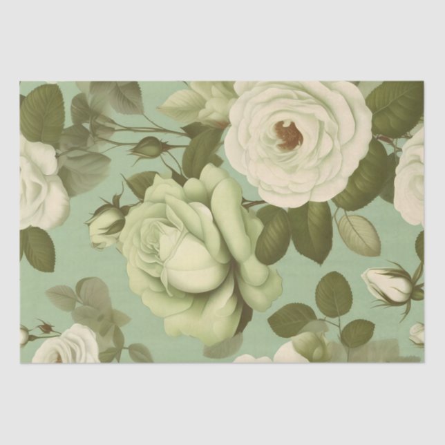 Papier Mousseline Impression de fleurs italiennes vertes et blanches (Recto)