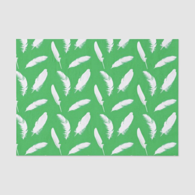 Papier Mousseline Impression en plumes blanches sur vert jade (Recto)
