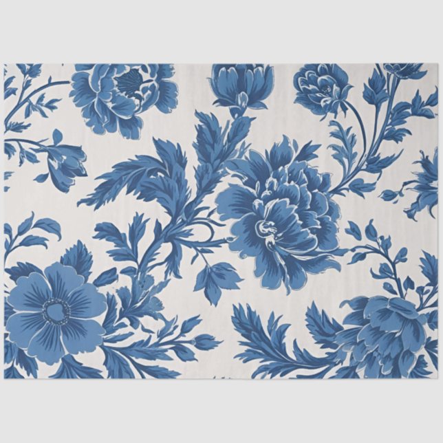 Papier Mousseline Impression florale d'inspiration victorienne bleue (Recto)