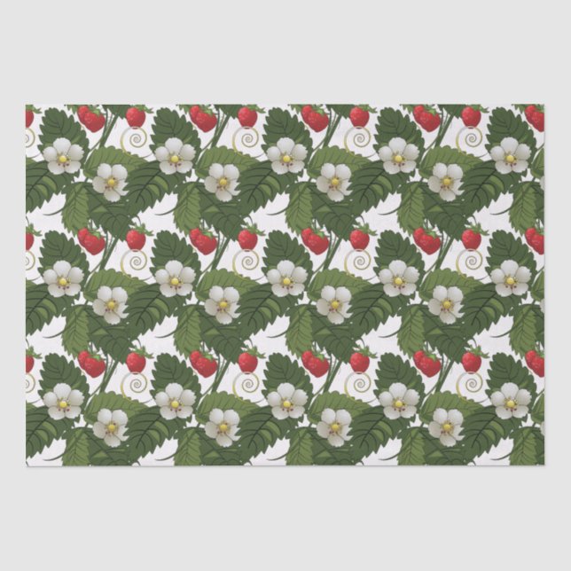 Papier Mousseline Impression Florale Fraise Fleur Blanche Feuille Ve (Recto)