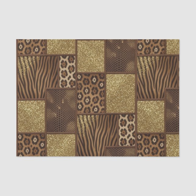 Papier Mousseline Imprimé animalier africain patchwork | Marron et O (Recto)