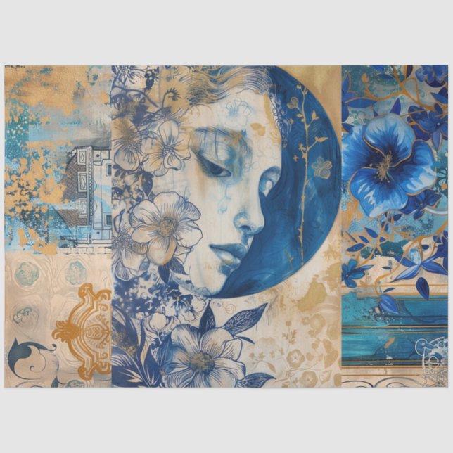 Papier Mousseline Indigo Blue Abstrait Art Collage Découpage (Recto)