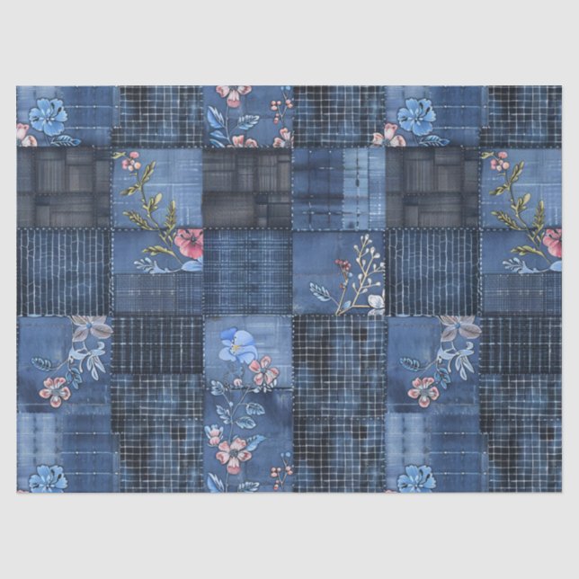 Papier Mousseline Indigo Floral Patchwork Motif | Boho Denim (Recto)