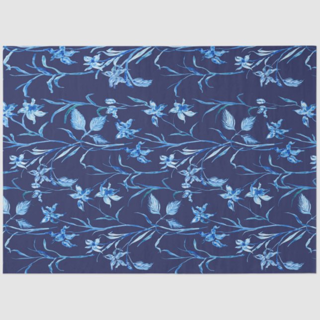 Papier Mousseline Influence Asiatique Marine Blue Iris Floral Decoup (Recto)