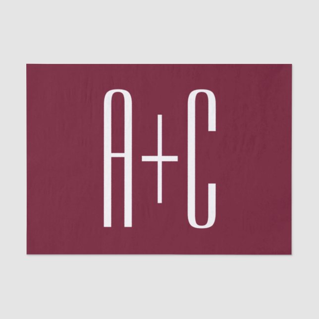 Papier Mousseline Initiales de couples simples | Blanc et bordeaux (Recto)
