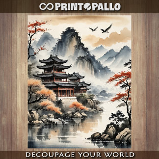 Papier Mousseline Ink drawing Japanese Pagoda on autumn lake - 