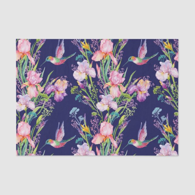 Papier Mousseline Iris Et Colibris Roses (Recto)