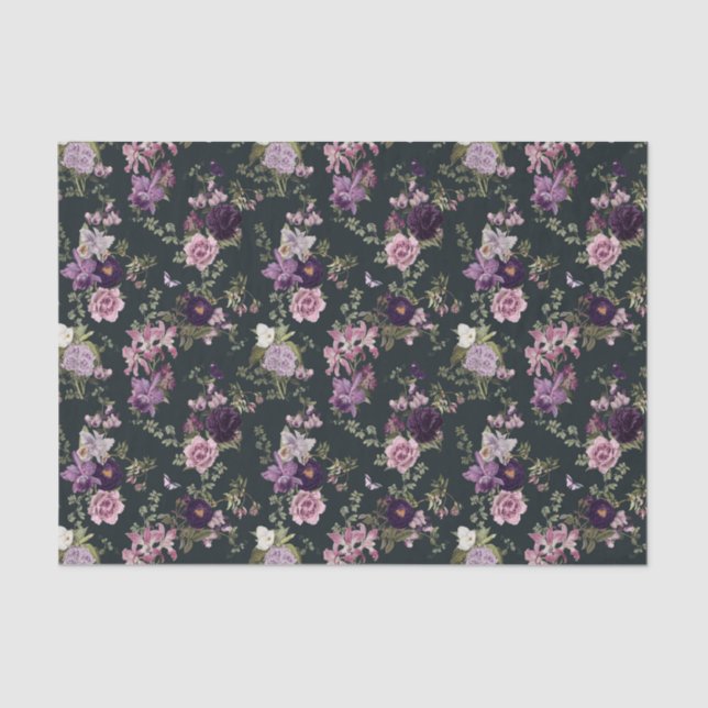 Papier Mousseline Irises, Orchidées, Roses en Découpage violet (Recto)