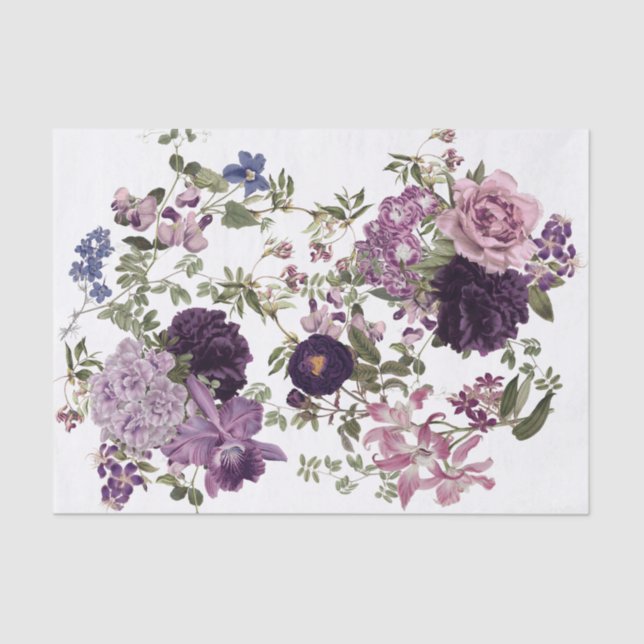 Papier Mousseline Irises, Orchidées, Roses en Découpage violet (Recto)
