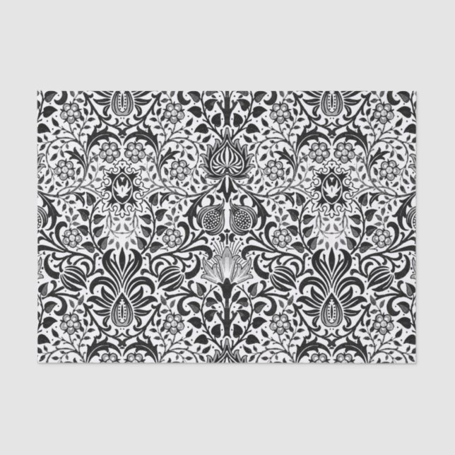 Papier Mousseline Jacobean Floral Damask, noir, blanc et gris (Recto)