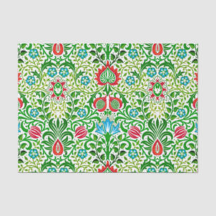 Papier Mousseline Jacobean Floral Damask, vert et corail rouge