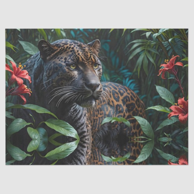 Papier Mousseline Jaguar mélaniste dans la jungle Fleurs rouges (Recto)