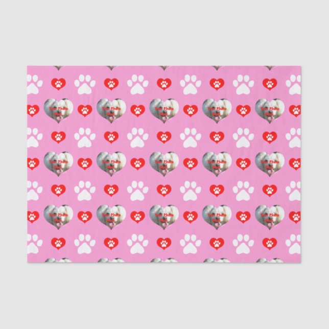 Papier Mousseline J'aime mon chien Motif photo personnalisé rose (Recto)