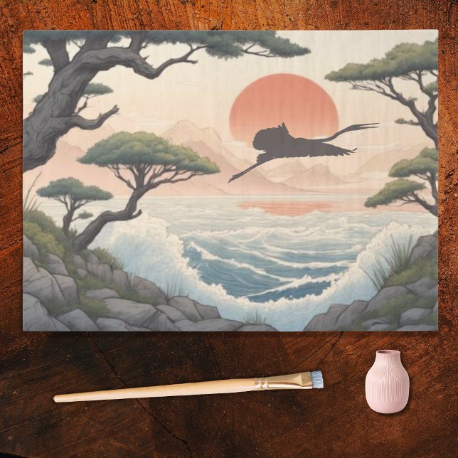 Papier Mousseline Japanese Rocky Coast Sunset Landscape and Egret (Créateur téléchargé)