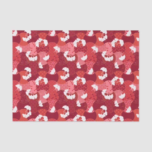 Papier Mousseline Japonais Kimono Motif Red Ginkgo Patchwork (Recto)