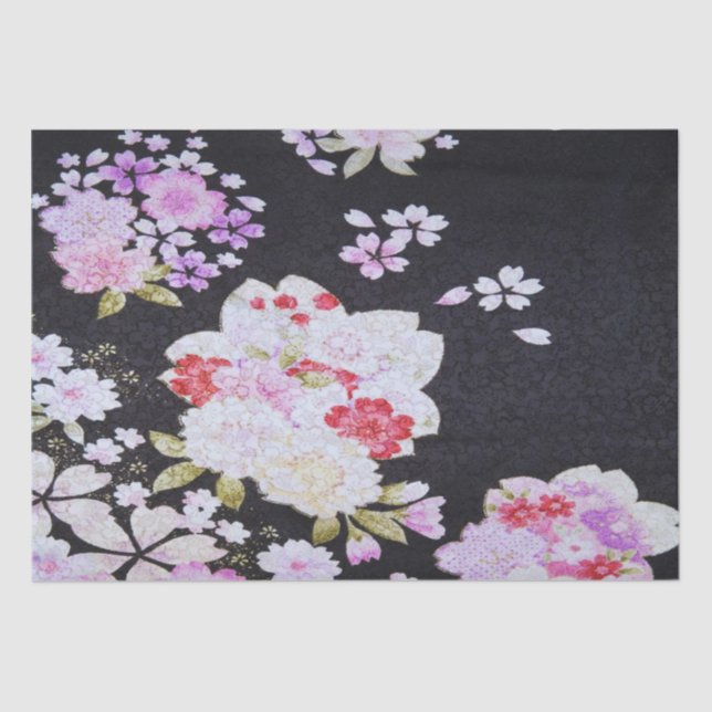 Papier Mousseline Japonais violet noir Kimono Floral Découpage (Recto)