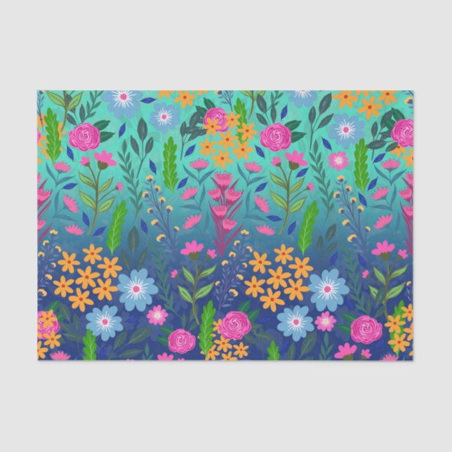 Papier Mousseline Jardin à fleurs de couleur bleue (Recto)