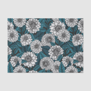 Papier Mousseline Jardin blanc Dahlia / feuilles bleus 2