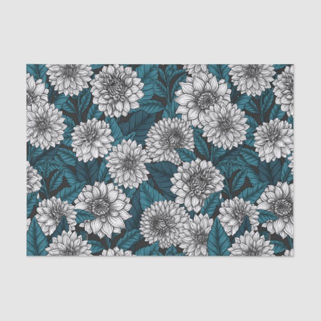 Papier Mousseline Jardin blanc Dahlia / feuilles bleus 2 (Recto)