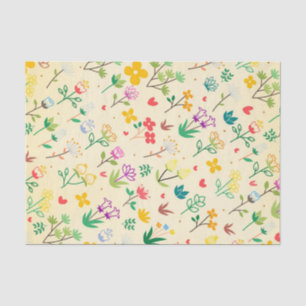 Papier Mousseline Jardin d'amour Fleurs de printemps et cœurs