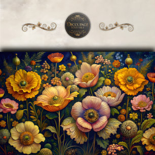 Papier Mousseline Jardin de Pavots Dorés Découpage Floral