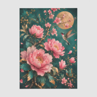 PAPIER MOUSSELINE JARDIN ÉMERAUDE DORÉ ROSES DE COLIBRI