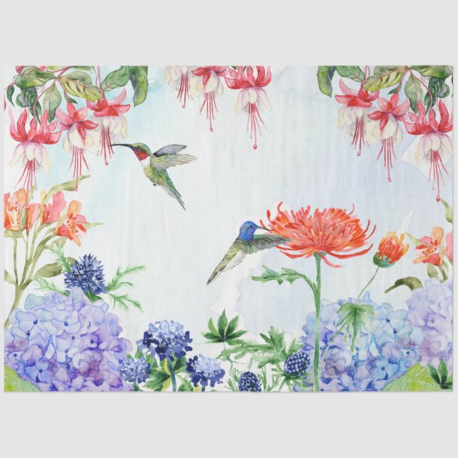Papier Mousseline Jardin Floral Colibri Aquarelle Découpage (Recto)