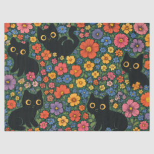 Papier Mousseline Jardin mignon art – Motif floral de chat noir mign