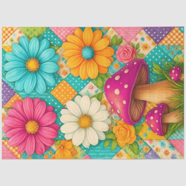 Papier Mousseline Jardin Patchwork – Floral Fantaisiste & Champignon (Recto)