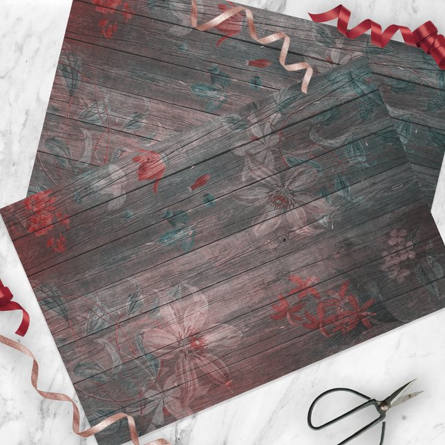 Papier Mousseline Jardin Rouge Blanc Fleurs Sur Bois Rustique (Créateur téléchargé)