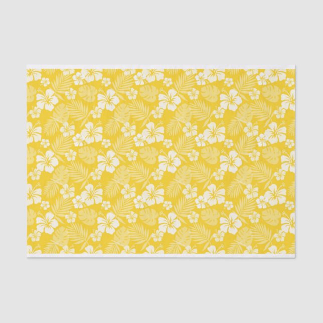 PAPIER MOUSSELINE JAUNE AUX FLEURS HIBISQUES BLANCHES TROPICALES (Recto)