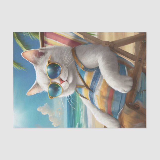 Papier Mousseline Jeff se détendant, Chat Blanc Chaise de plage (Recto)