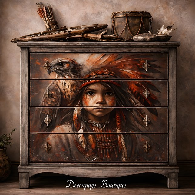Papier Mousseline Jeune Brave & Coiffe d'Aigle Découpage (Young Brave & Eagle Headdress Decoupage Tissue Paper Mockup)